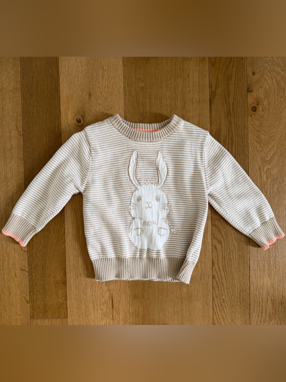 Cat & Jack Beige and Pink Striped Bunny Knit Sweater